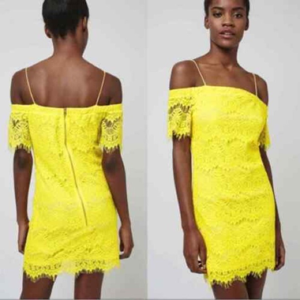 Topshop Bardot Cold Shoulder Yellow Lace Dress